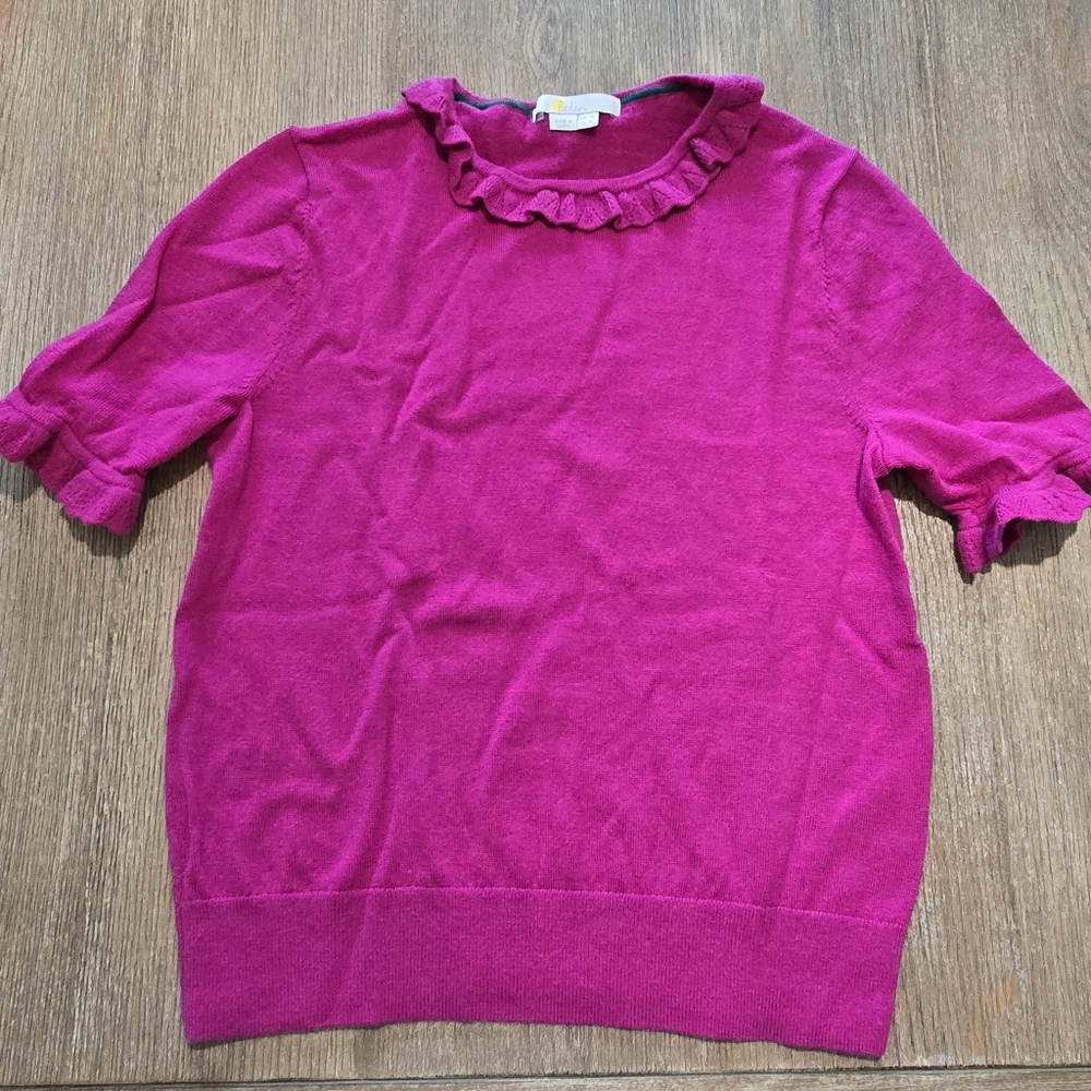 Boden Merino Wool Ruffle Soft Knitted T-Shirt Sweater‎ Magenta sz 6 Business